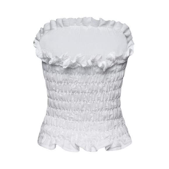 white corset with floral accents and frills at top