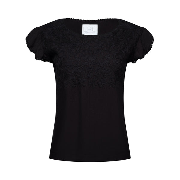 black frilled shirt with frilled sleeves with black floral accents