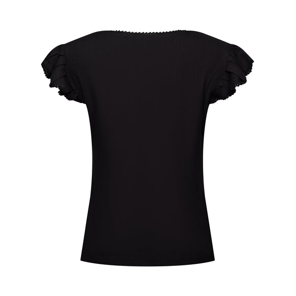 black frilled shirt with frilled sleeves with black floral accents