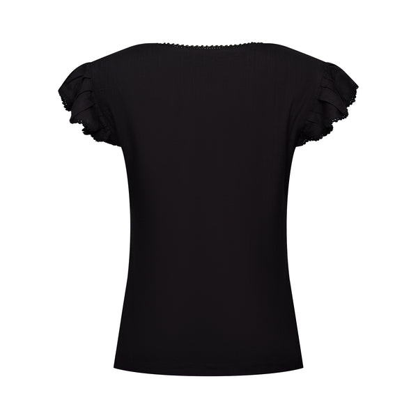 black frilled shirt with frilled sleeves with black floral accents