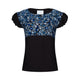 black frilled shirt with frilled sleeves with blue floral accents