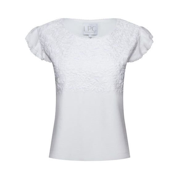 white frilled shirt with frilled sleeves with white floral accents