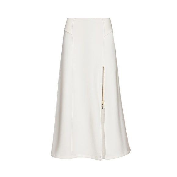 flowy white skirt with gold zipper