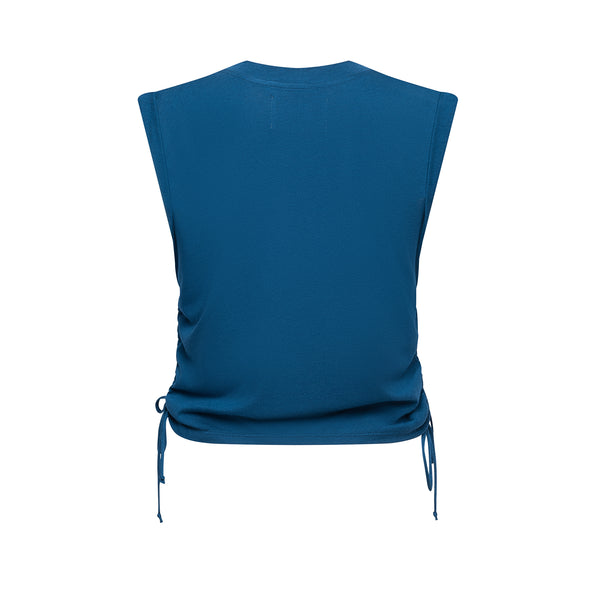blue sleeveless shirt