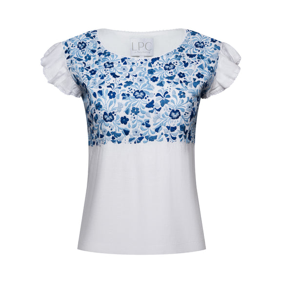 white frilled shirt with frilled sleeves with blue floral accents
