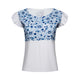 white frilled shirt with frilled sleeves with blue floral accents