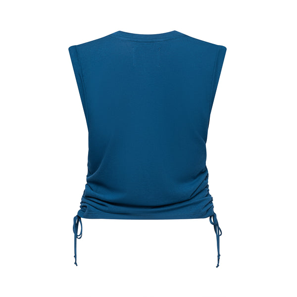 blue sleeveless shirt