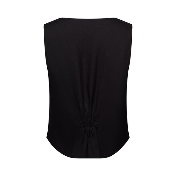 back view of a black vest with a blue floral pattern
