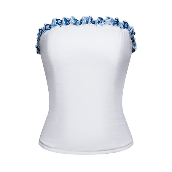 white corset with floral accents and floral patterned frills at top