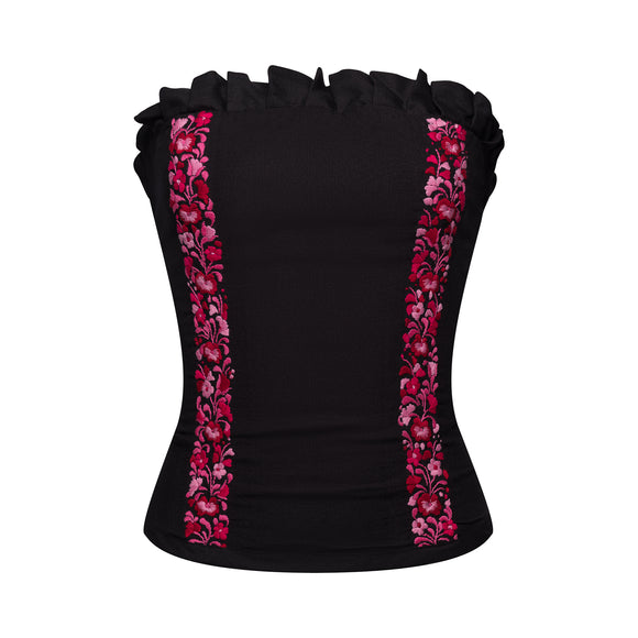black corset with red floral accents, with frills at top