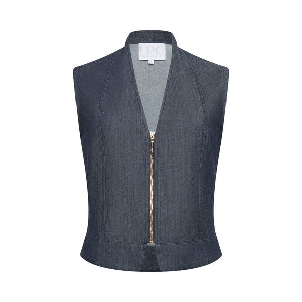 blue denim vest with gold zipper front
