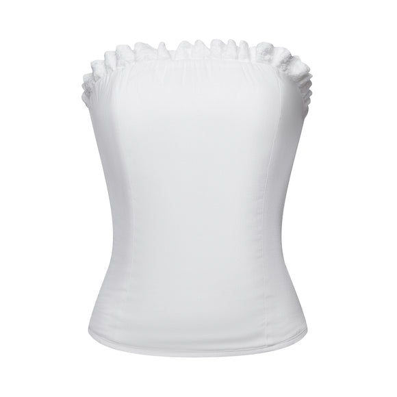 white corset with floral accents and frills at top