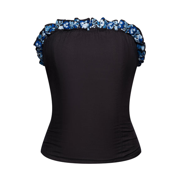 black corset with blue floral accents, with frills at top