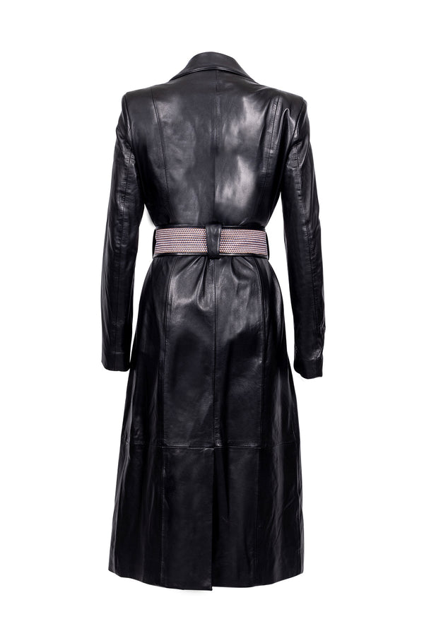 back view of leather black trench coat with a hip tie