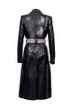 back view of leather black trench coat with a hip tie