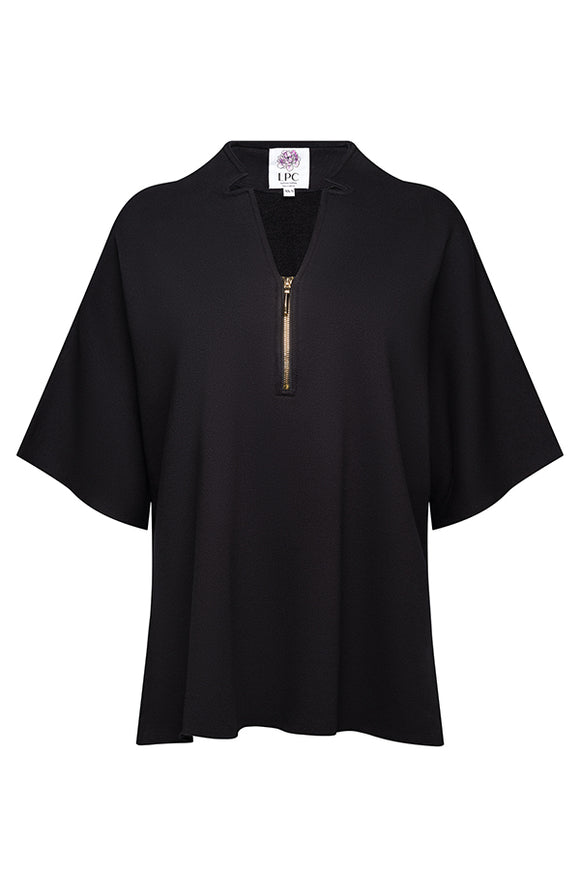 black quarte zip with gold zipper and extended sleeves
