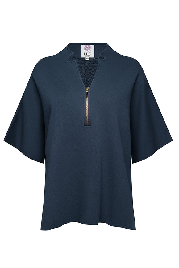 blue quarte zip with gold zipper and extended sleeves