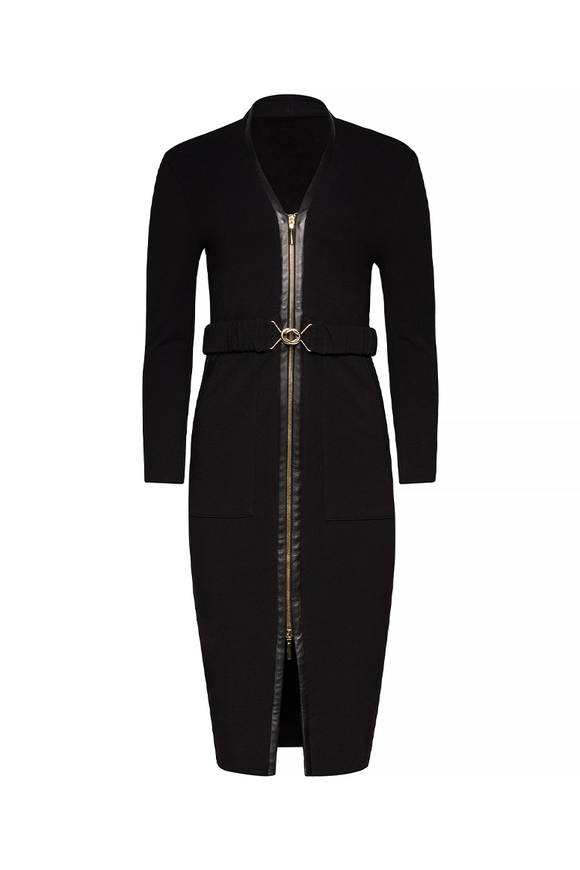long brown dress, with black belt and gold zipper