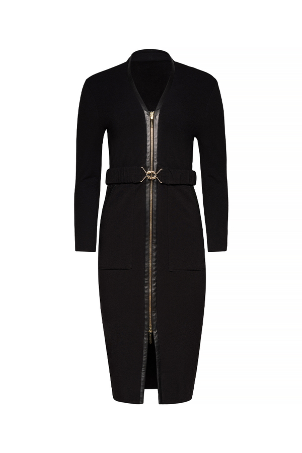 long brown dress, with black belt and gold zipper