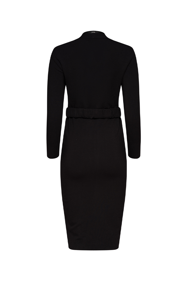 long brown dress, with black belt