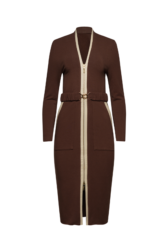 long brown dress, with brown belt with gold zipper