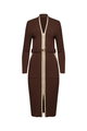 long brown dress, with brown belt with gold zipper