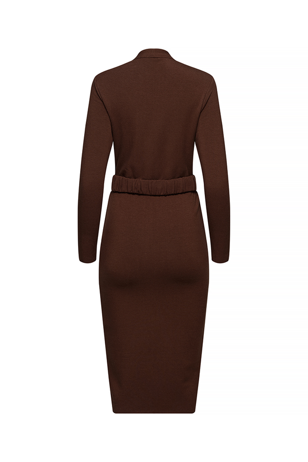 long brown dress, with brown belt