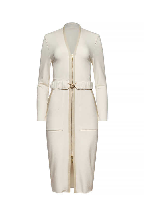 long white dress, with white belt with gold zipper