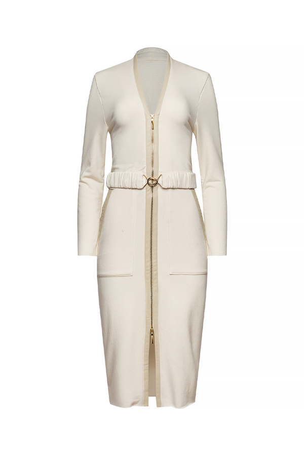 long white dress, with white belt with gold zipper