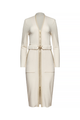 long white dress, with white belt with gold zipper