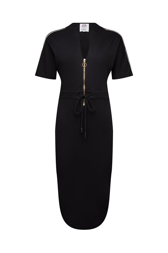 long black dress with black belt, and gold zipper