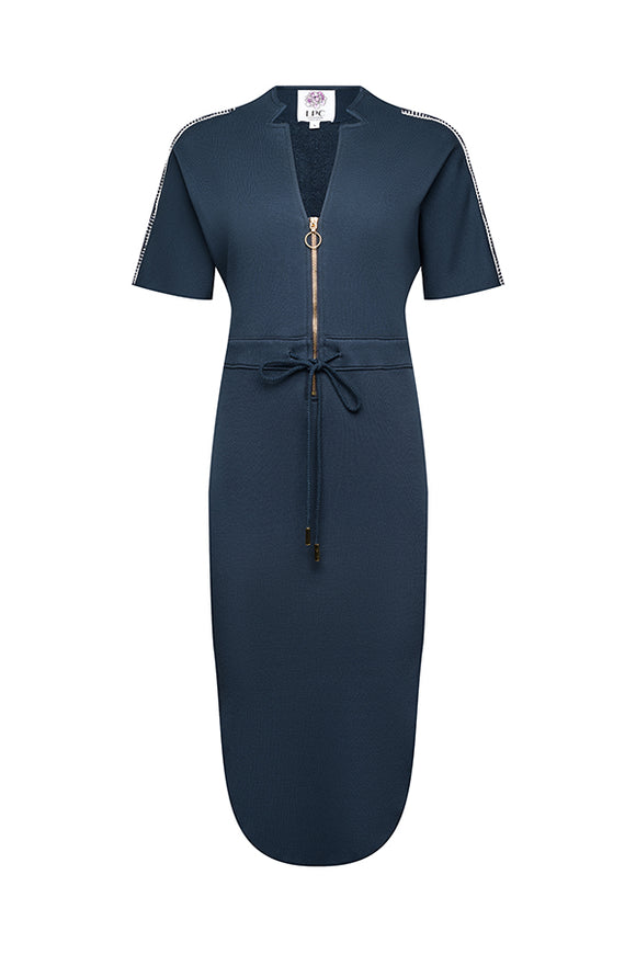 long blue dress with blue belt, and gold zipper