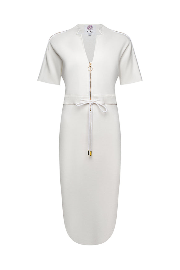 long white dress with white belt, and gold zipper