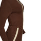 closeup of brown colored jumpsuit with gold zipper, from side angle