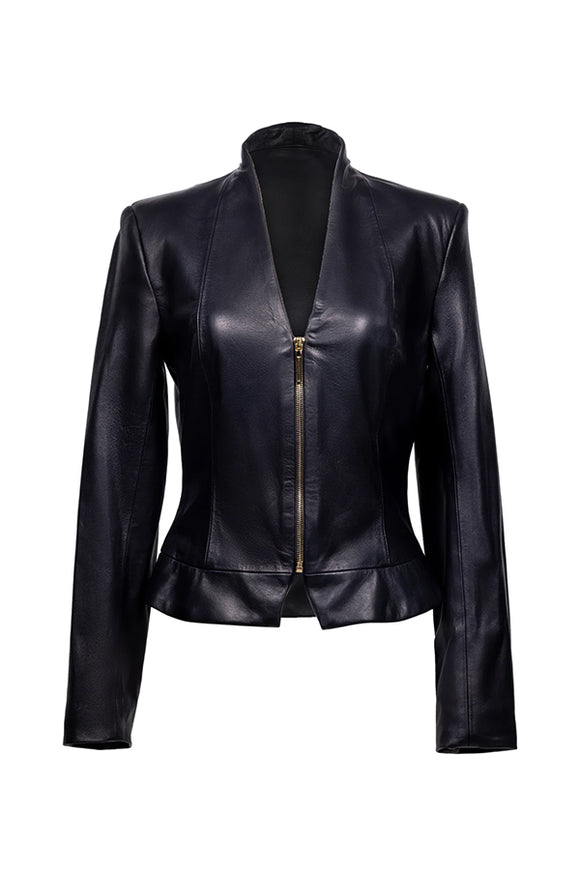 long sleeved leather black jacket, with gold zipper