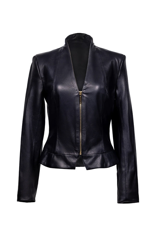 long sleeved leather black jacket, with gold zipper