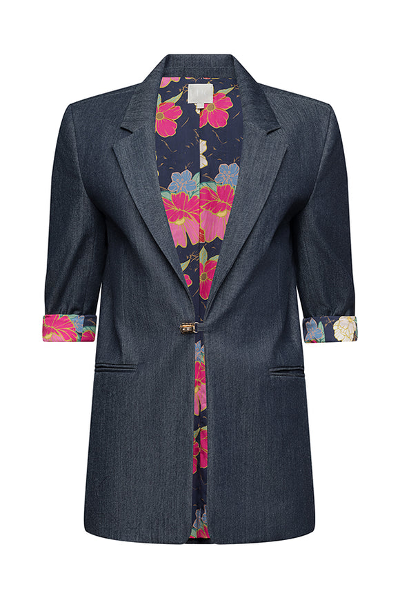 blue blazer with floral patterned accents