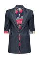 blue blazer with floral patterned accents