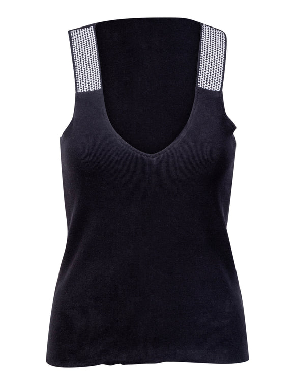 black v-neck tank top with white accents on the shoulders