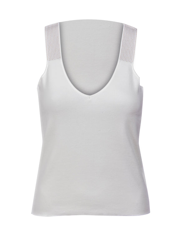 white V-neck tank top with gold shoulder accents