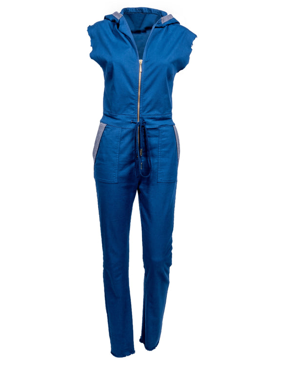 blue hooded jumpsuit with gold zipper