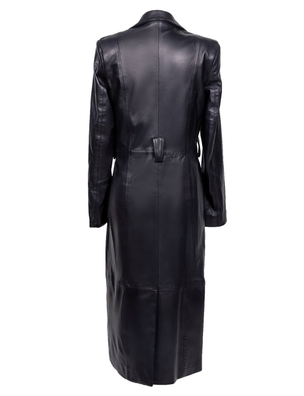 leather black trench coat back view