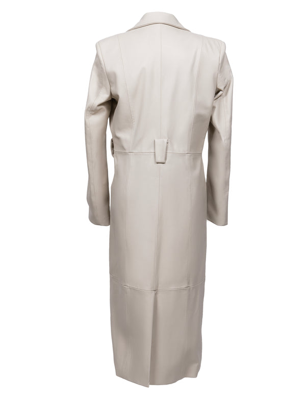 light grey trench coat, back view