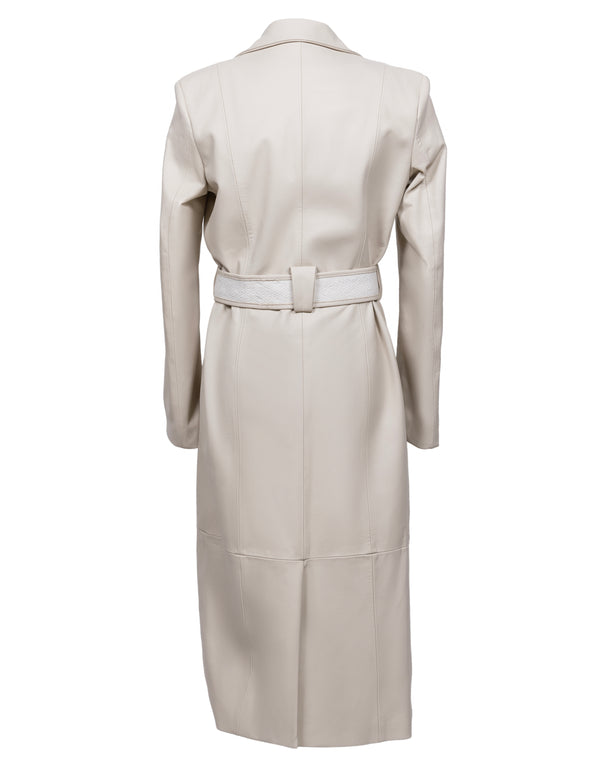 back view of a light grey trench coat