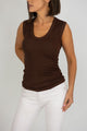 woman wearing brown tank top front view