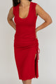 woman wearing long red dress
