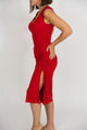 woman wearing long red dress
