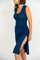 woman wearing long blue dress