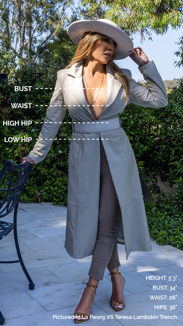 woman wearing a trench coat with measurements