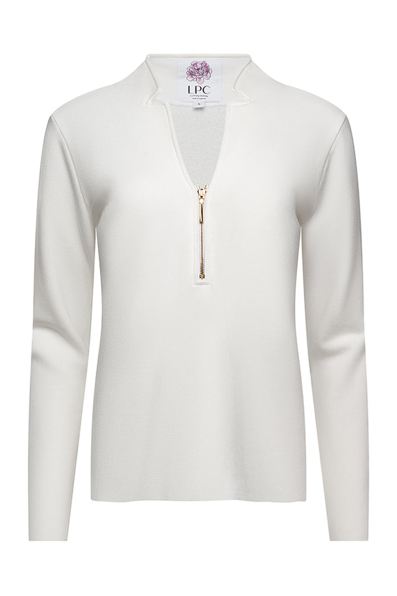 women's white light quarte zip with gold zipper
